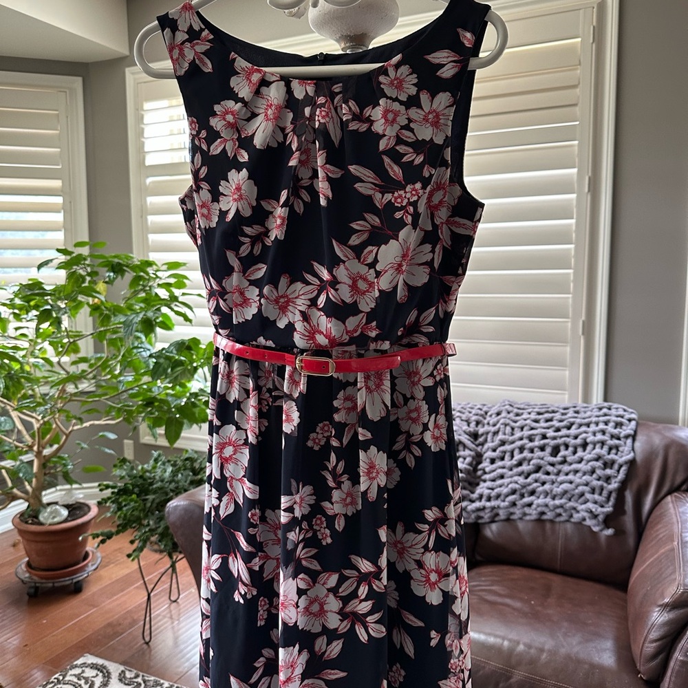Connected Apparel Navy Floral Midi Dress with Red Belt